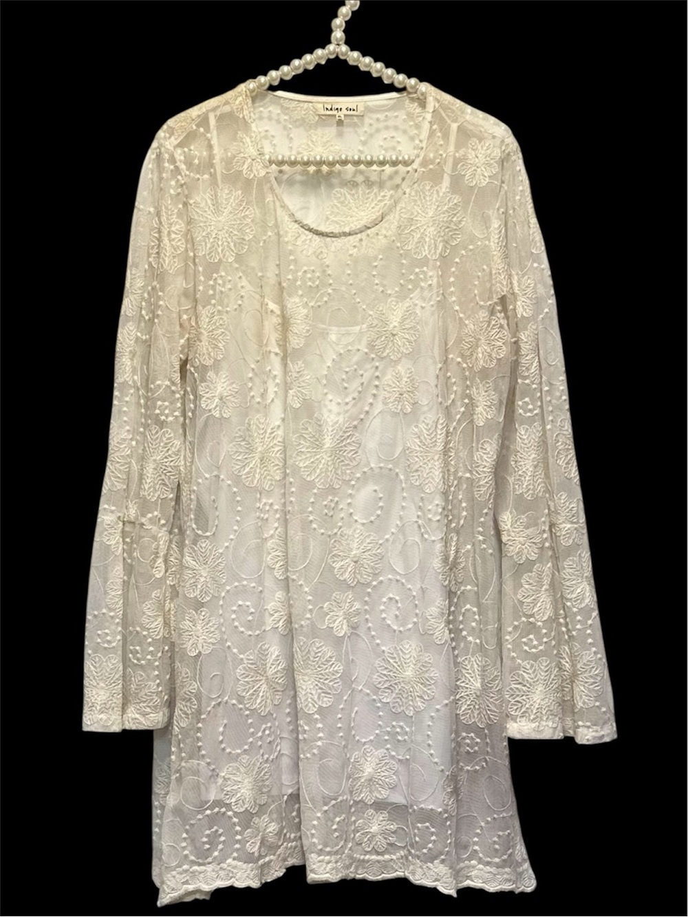 VTG Dress Indigo Soul Lagenlook XL Tunic Embroidered Ivory Lace Boho whimsygoth
